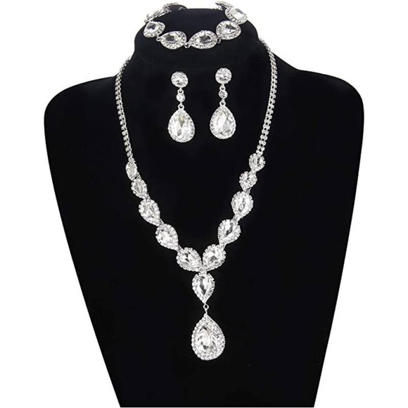 Diamond Crystal Necklace Set CZ Cubic Zircon Rhinestone Necklace Bracelet Earrin - Picture 1 of 7
